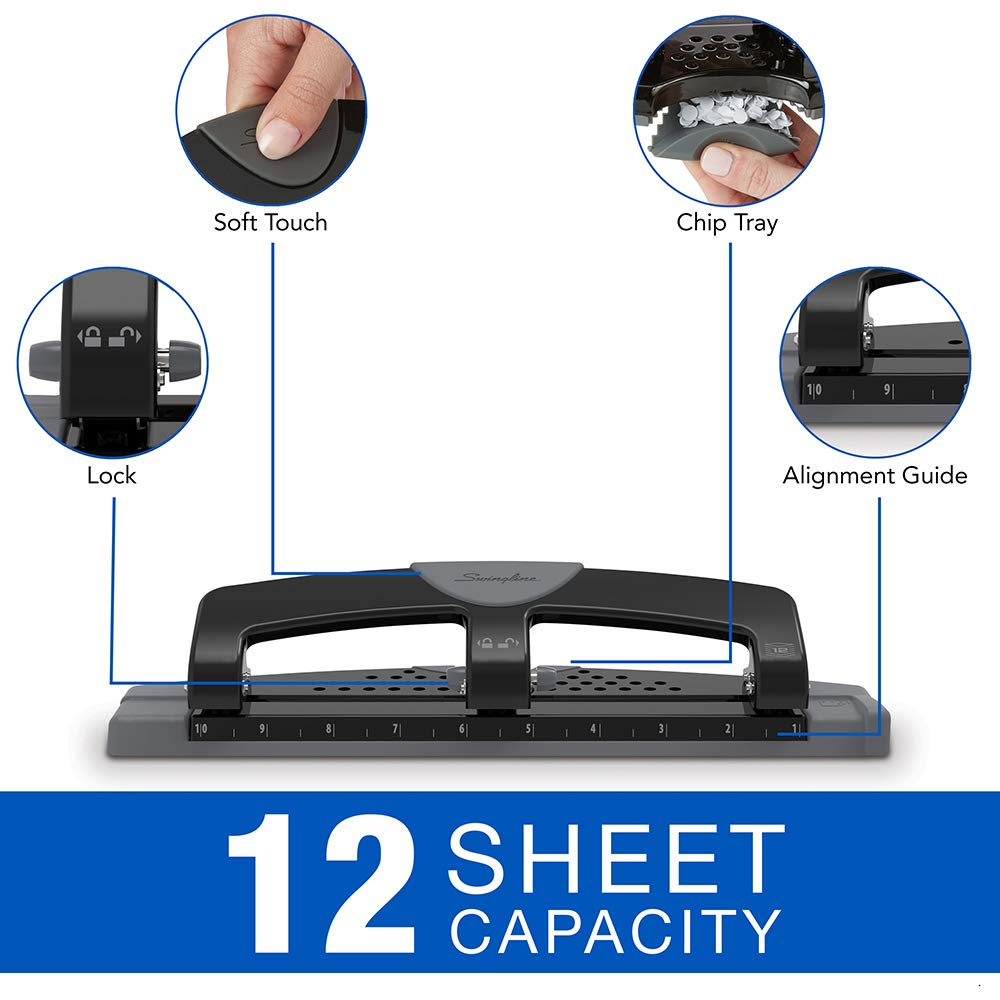 Swingline 3 Hole Punch, Hole Puncher, SmartTouch with Edge Guide, 12 Sheet Punch Capacity, Low Force Required, Black/Gray (74134)