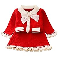 Toddler Baby Girls Outfit Knitted Buttons Ruffle Sweater Tops Mini Skirt Bowknot Long Sleeve Autumn Winter Clothes Set Red C 2-3 Years