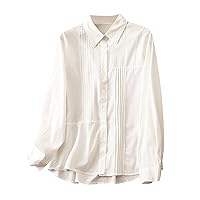 Womens Button Down Shirts Cotton Dress Shirts Pleated Long Sleeve Blouses Collared Solid Casual Tunics Tops