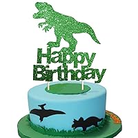 Dinosaur Cake Topper Green Glitter T-Rex Happy Birthday Party Cake Decor Dino Jungle Jurassic Dinosaur Themed 1st 2nd 3rd 4th Birthday Party Cake Supplies Decorations