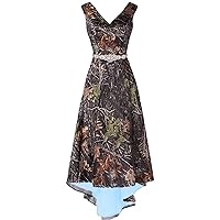 V Neck High Low Camo Wedding Guest Formal Dresses Outdoor Bridesmaid Gown with Beaded Waist