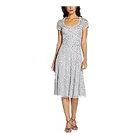 Adrianna Papell Womens Light Blue Embellished Zippered Cap Sleeve Queen Anne Neckline Below The Knee Formal Fit + Flare Dress 8