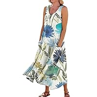 HTHLVMD Plus Size Summer Dresses for Women 2024 Casual Cotton Linen Sundress Crew Neck Sleeveless Maxi Dresses with Pockets