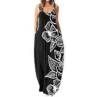 Summer Maxi Dresses for Women 2023 Spaghetti Strap Sleeveless Floral Casual Loose Hawaiian Beach Dresses with Pockets
