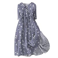 Womens Boho Dresses Floral Cotton Linen Midi Dresses Tie Front Lapel Button Dress Casual Flowy Summer Beach Dress