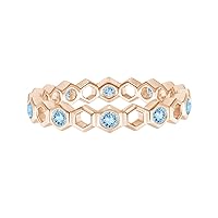 Full Eternity Band!! Round Aquamarine Gemstone Hexagonal Ring 9K Gold