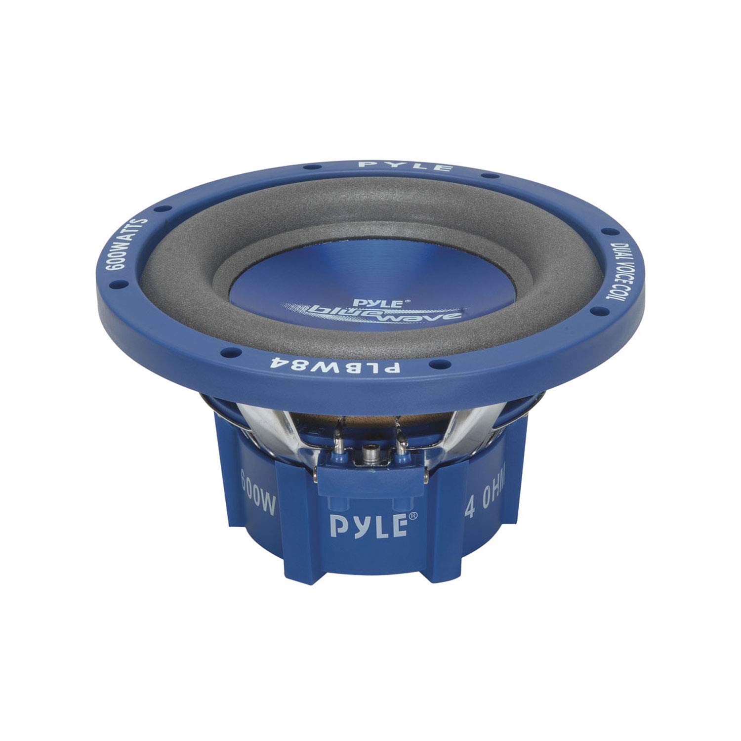 Pyle Car Vehicle Subwoofer Audio Speaker - 8 Inch Blue Injection Molded Cone, Blue Chrome-Plated Plastic Basket, Dual Voice Coil 4 Ohm Impedance, 600 Watt Power, Vehicle Stereo Sound System PLBW84