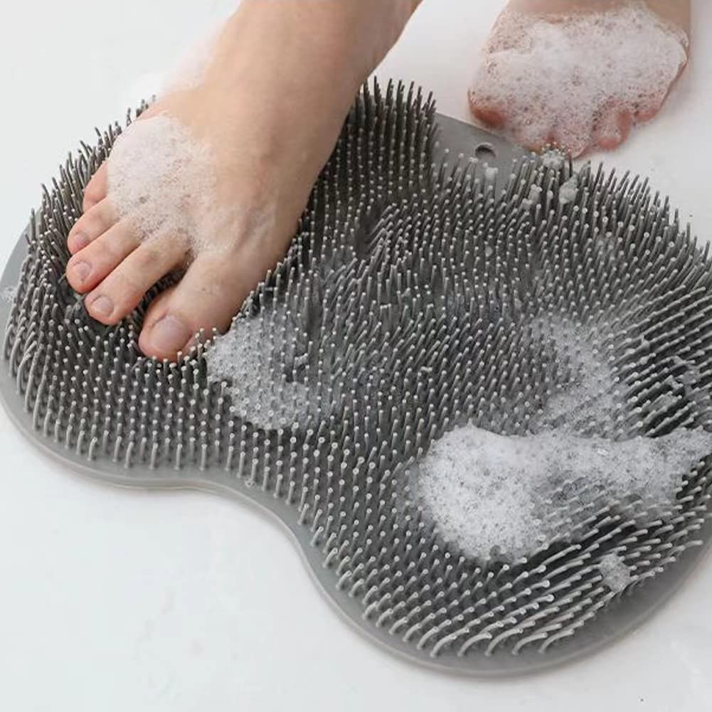Wall Mounted Back Scrubber, Foot Massage Pad, Shower Foot & Back Scrubber, Silicone Bath Brush with Suction Cups, Bathroom Wash Foot Mat Exfoliating Dead Skin Foot Brush (Grey #q)