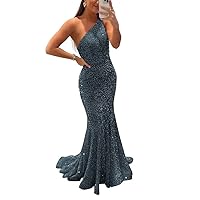 One Shoulder Sequin Prom Dresses Long Mermaid Sparkly Backless Evening Party Gowns Fitted for Wedding Guest