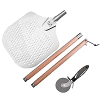12 x 14 Inch Aluminum Pizza Peel, Perforated Pizza Peel with Pizza Cutter Wheel | Pizza Paddle with 34.6-Inch Detachable Wood Handle for Easy Storage, Use for Cutting Homemade Pizzas on Grill