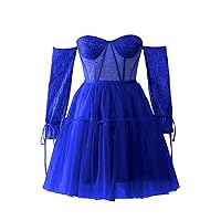 Maxianever Women’s Plus Size Tulle Prom Dresses with Lace Sleeves Short Evening Mini Homecoming Cocktail Gowns Royal Blue US28W