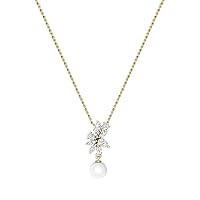Dazzlingrock Collection 6mm Round Cultured Freshwater Pearl & Pear, Marquise White Diamond Dangle Pendant Necklace for Women in 18K Solid Gold