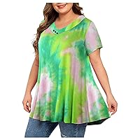 Tie Dye Tops for Women Fall Summer Short Sleeve V Neck Long Oversized Tops Shirt Blouse Women 2024 Trendy Y2K
