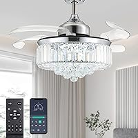 Moooni Dimmable Fandelier Crystal Ceiling Fans with Lights and Remote Modern Invisible Retractable Chandelier Fan LED Ceiling Fan Light Kit -Polished Chrome 36 Inches