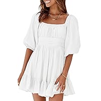 Womens Summer Dresses Square Neck Tie Back Lantern Sleeve Ruffle A-Line Casual Dress
