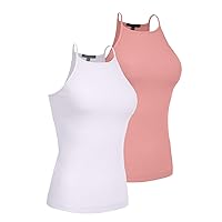 Women's Active High Neck Simple Casual Spaghetti Strep Ribbed Camisole Tank Top (2 Pack) S-3XL