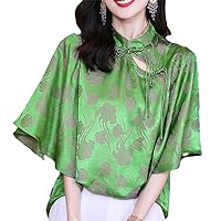 Femme Chinese Style Printing Silk Half Stand Collar Blouse Office Lady Women Shirts Simplicity Lacing Tops