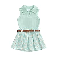 BeQeuewll Toddler Baby Girl Summer Clothes Daisy Flower Girl Outfit Knit Shirt Mini Pleated Skirts Set Outfits for Grils1-4T