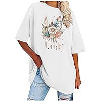 Summer Oversized T Shirts for Women Feather Graphic Tees Drop Shoulder Short Sleeve Tops Loose Floral Print Blouses