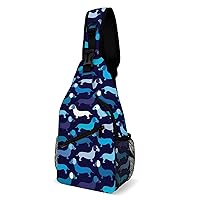 Blue Doxie Dog Dachshund Printed Crossbody Sling Backpack Multipurpose Chest Bag Daypack for Travel Hiking