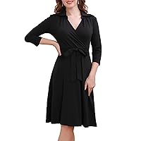 Aphratti Women's 3/4 Sleeve Spring Dress Wide Collar V Neck Faux Wrap Jersey Aline Casual Work Dresses