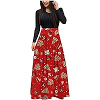 Women's Fall Dresses Long Sleeve Christmas Loose High Waist Wedding Holiday Party Splicing Skirt Outfits, S-2XL
