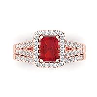 Clara Pucci 1.7 ct Emerald Cut Halo Solitaire Genuine Simulated Ruby Designer Art Deco Statement Wedding Ring Band Set 18K Rose Gold