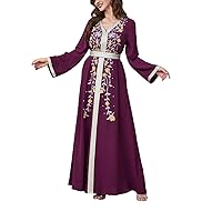Women's Long Sleeve Muslim Abaya Embroidered Eid Party Dress Loose Strappy Abaya