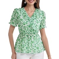 GRACE KARIN 2024 Women's Summer Casual Tops Floral Printed Short Sleeve Peplum Blouses Dressy V Neck Flowy Chiffon Shirts