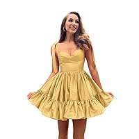 Short Satin Homecoming Dresses for Teens Bow Straps Sweetheart Ruched Prom Cocktail Mini Party Gown