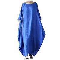 Plus Size Women Cotton Linen 3/4 Sleeve Baggy Kaftan Dress Summer Crewneck Trendy Casual Oversized Shirt Dresses