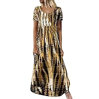 Womens Fashionable Round Neck Short Sleeve Tie Dyed Printed Long Dress Loose Casual Dress Casual Maxi Dresses