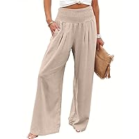 Caracilia Women Palazzo Linen Pants 2024 Summer Boho Wide Leg High Waisted Beach Pant Vacation Clothes Travel Outfits