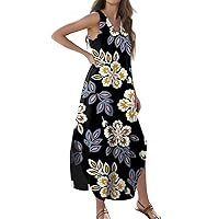 Women's Summer Casual Loose Dresses 2024 Floral Print Sleeveless Beach Sundress V Neck Split Tshirt Maxi Dresses