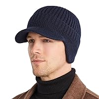 Men's Winter Visor Beanie Hat with Earflaps Knit Baseball Cap with Brim Ski Hat Warm Fleece Lined Hunting Hat