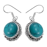 14mm Round Bezel-set Turquoise December Birthday Gift 925 Silver Plated Earring Handmade Jewelry For Girls
