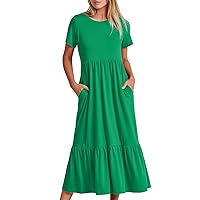 Flash Deals of The Day Women Short Sleeve Midi Dresses Summer Casual Dress Ruffle Swing Flowy Sundress Mid Calf T Shirt Dress with Pocket White Dresses for Women Party