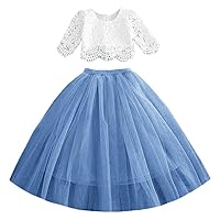 2Bunnies Girl Floral Scallop Lace Tulle Pearl Button Boho Bohemian Flower Girl Dress 2 Piece Outfit Set