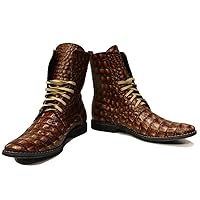 PeppeShoes Modello Serafino - Handmade Italian Mens Color Brown High Boots - Cowhide Embossed Leather - Lace-Up