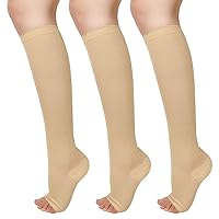 Compression Socks, 3 Pairs Open Toe Compression Socks Women Knee High Toeless 15-25 mmHg, Foot Compression Socks