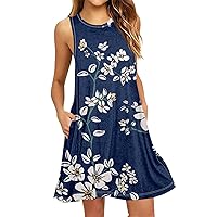 Women Sun Dress Summer Dresses for Women 2024 Floral Print Vintage Fashion Casual Loose Fit with Sleeveless Scoop Neck Dress Blue X-Large