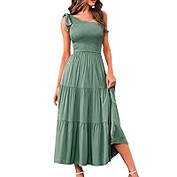 Women's Bohemian Maxi Dress Summer One Shoulder Sleeveless Long Dress Tiered Ruffle Hem Flowy Womens Casual Long