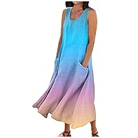 Dresses for Women 2024 Summer Plus Size Casual Comfortable Floral Print Sleeveless Linen Cotton Pocket Dress