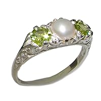 925 Sterling Silver Cultured Pearl and Peridot Womens Band Ring