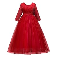Flower Girls Long Lace Bridesmaid Dress 3/4 Sleeves Floor Length Wedding Party Evening Formal Pegeant Maxi Tulle Ball Gowns