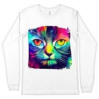 Psychedelic Print Long Sleeve T-Shirt - Cat Face T-Shirt - Animal Art Long Sleeve Tee Shirt - White, 2XL