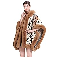 Jacquard Plaid Wool Blends Faux Fur Cape Coat Styles Women Big Woolen Overcoat Fall Winter Cloak Hooded