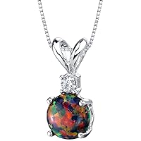 PEORA 14K White Gold Created Black Opal with Genuine Diamond Pendant, Elegant Solitaire, AAA Grade Round Shape 6.50mm