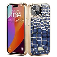 Leather Case for iPhone 15 Pro Max/15 Pro/15 Plus/15 Electroplated Border Phone Case with Camera Protection Crocodile Print Cover (Blue,15 Pro)