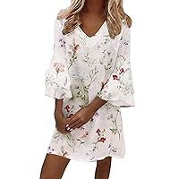 Sundresses for Women 2024 Trendy, Womens Dress Bell Sleeve Three Layer Ruffle V Neck Loose Swing Floral Print